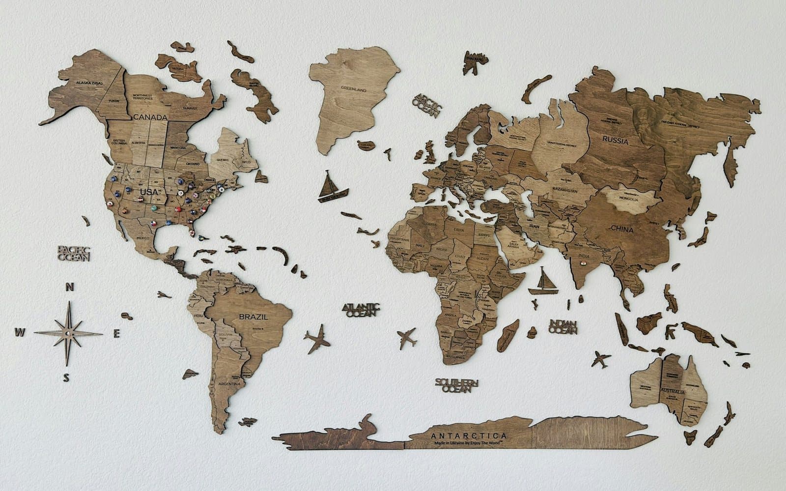 Wooden world map on a wall